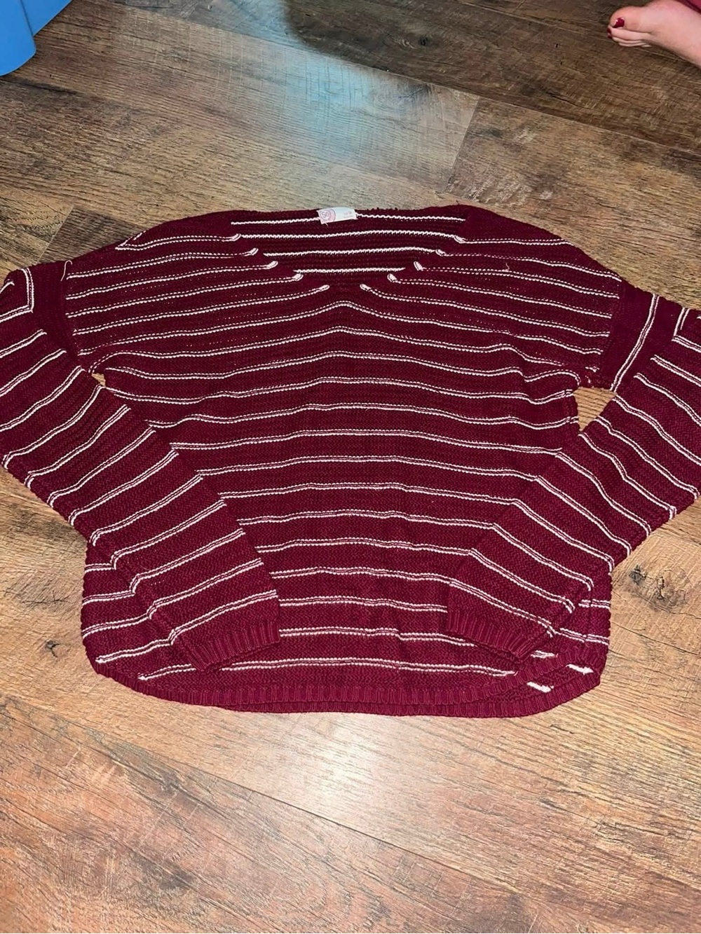 SO Burgundy and White Striped Crewneck Sweater